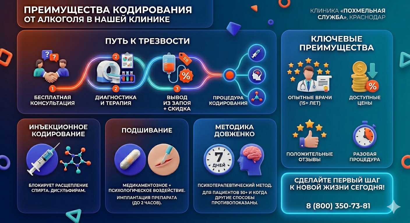 Инфографика о методах кодирования от алкоголя в Ивангороде: инъекции, подшивание, метод Довженко. Преимущества клиники и этапы лечения.